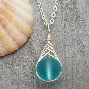 Braided Small Round Turquoise Blue Sea Glass Necklace Women Jewelry Gift